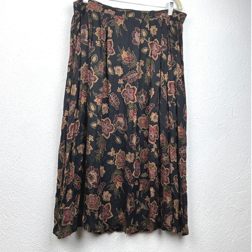 Sag Harbor Black Floral A-Line Skirt - 1X- Vintage Rayon Midi Boho Cottagecore